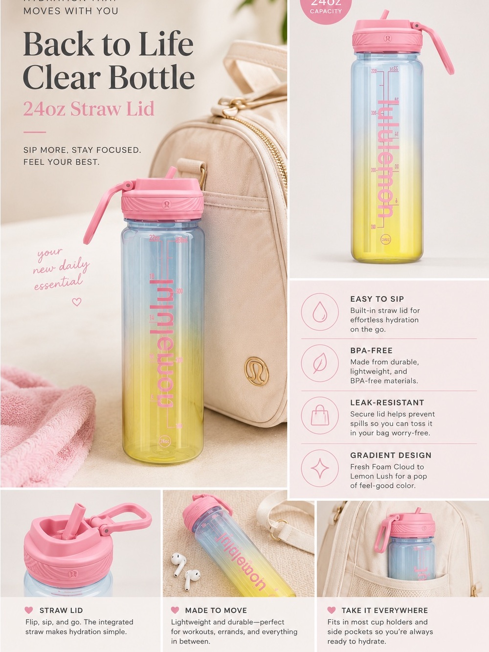 NWT lululemon Gradient 24oz Straw Bottle - Pink, Blue, Yellow